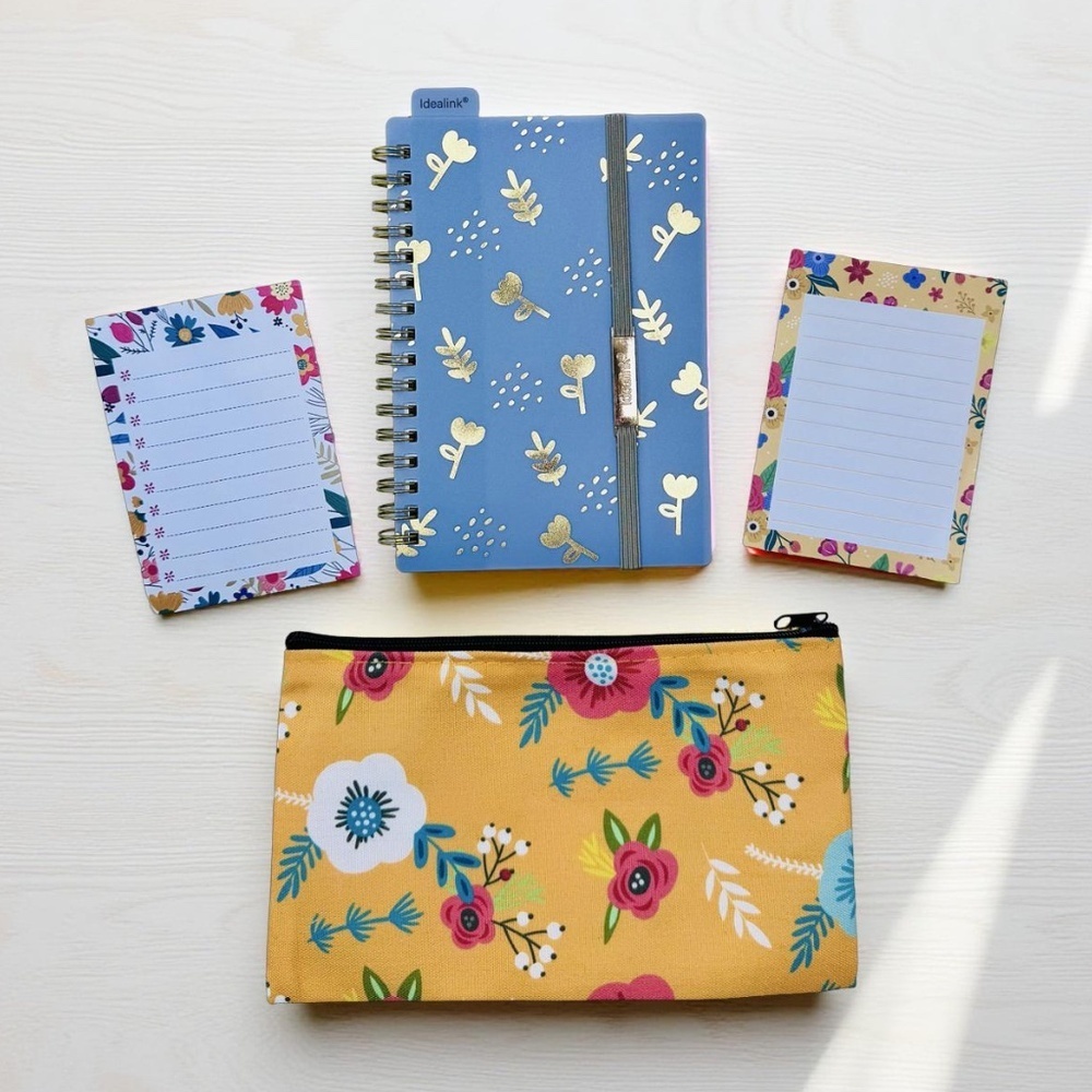 Floral Stationery Set with Blue Notebook and Yellow Pouch